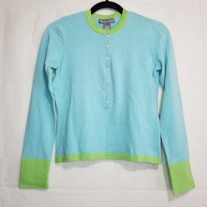 Grayson Dunn cashmere knit sweater light blue green size S buttons contrast cuff